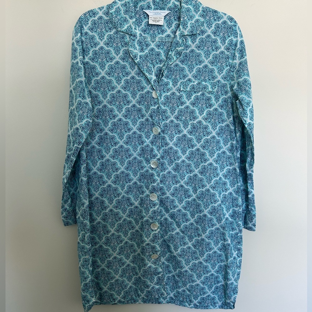 The Company Store 100% Organic Cotton Long Sleeve Blue Print Night‎ Dress Size M
